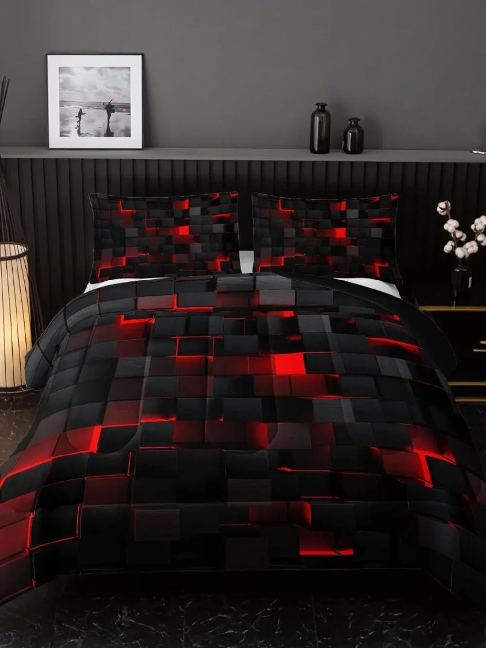 Neon Red Black Comforter Set King Geometric Kids Bedding Set,3 PCS Geometry Hone